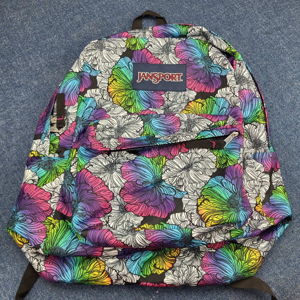 JanSport SuperBreak Backpack Rainbow Watercolor Floral Print School Bag